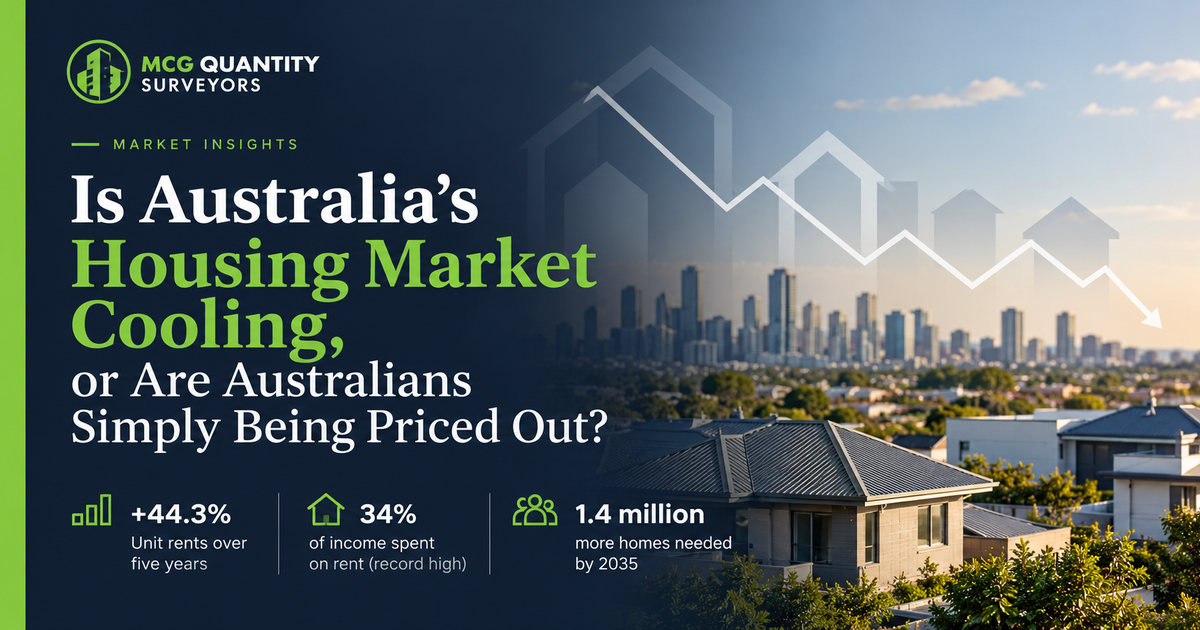 MCG Quantity Surveyors research graphic on Australia’s housing market: rising rents, housing affordability and the need for more homes
